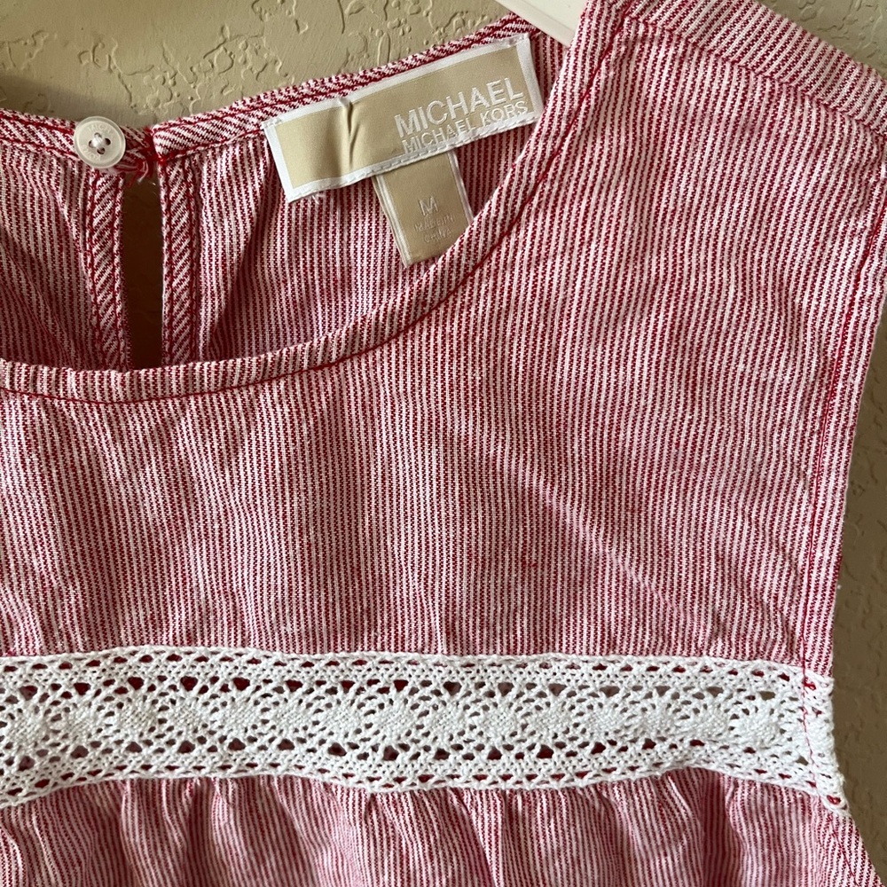 Michael Kors Women’s Sleeveless Peplum Top Size M Pink White Striped Lace - Picture 3 of 12